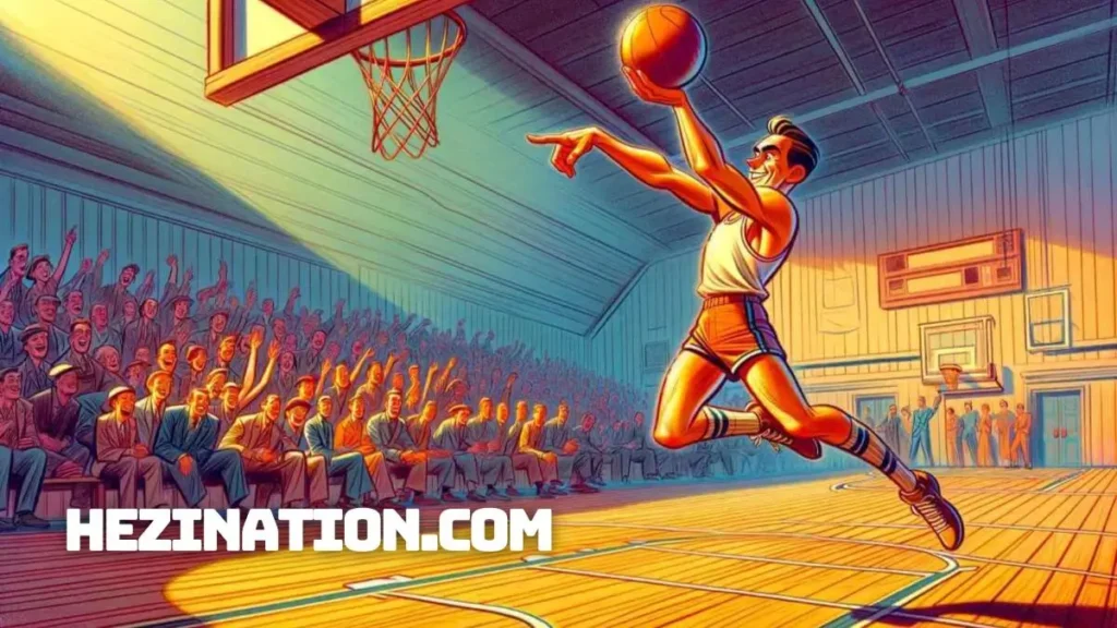 A digital illustration inspired by the vibrant and emotive style typical of early animation studios, depicting a man playing basketball. He has a lively expression and is making a layup on a basketball court with a cheering audience in the background.