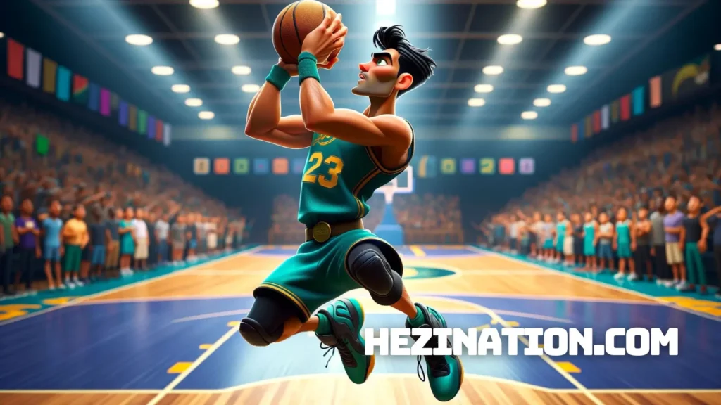A cartoon image of a man with an olive skin tone and jet-black hair styled in a buzz cut, performing a reverse layup in basketball. He is captured in the peak moment of the jump, with knees bent and basketball held firmly in both hands above his head, ready to shoot. He wears a striking teal and gold basketball uniform, with the number '23' visible on the jersey. The style should be clearly influenced by Pixar's animation, known for its lifelike textures, expressive characters, and bright, saturated colors. The background is an indoor basketball court, filled with colorful banners and a cheering crowd, blurred to keep the focus on the athlete.