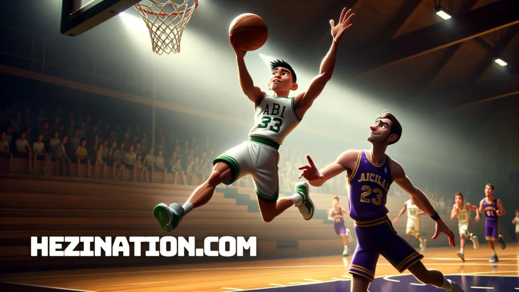 A Pixar-style cartoon image depicting a dynamic scene where a man of Asian descent with an athletic build is making a Euro step layup facing the basketball rim. He is dressed in a green and white basketball uniform, capturing a moment of airborne grace and concentration. A defender of Caucasian descent in a purple and gold uniform is by his side, attempting to block the shot. The scene is set on an indoor basketball court, with a clear view of the shiny wooden floor and a blurred audience in the background, immersed in the excitement of the game.