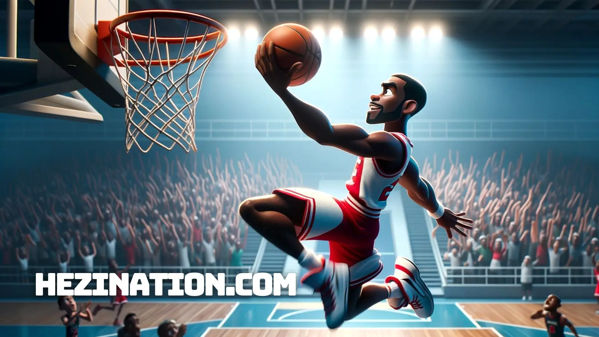 A Pixar-style cartoon image of a man performing a finger roll layup in a basketball game. The man should be of Black descent with athletic build, wearing a red and white basketball uniform. The scene is set indoors in a brightly lit basketball court, with the focus on the man in mid-air, basketball in hand, body extended towards the basket. The background should be a blur of cheering crowd. Ensure the scene is vibrant, capturing the dynamic energy of the moment.