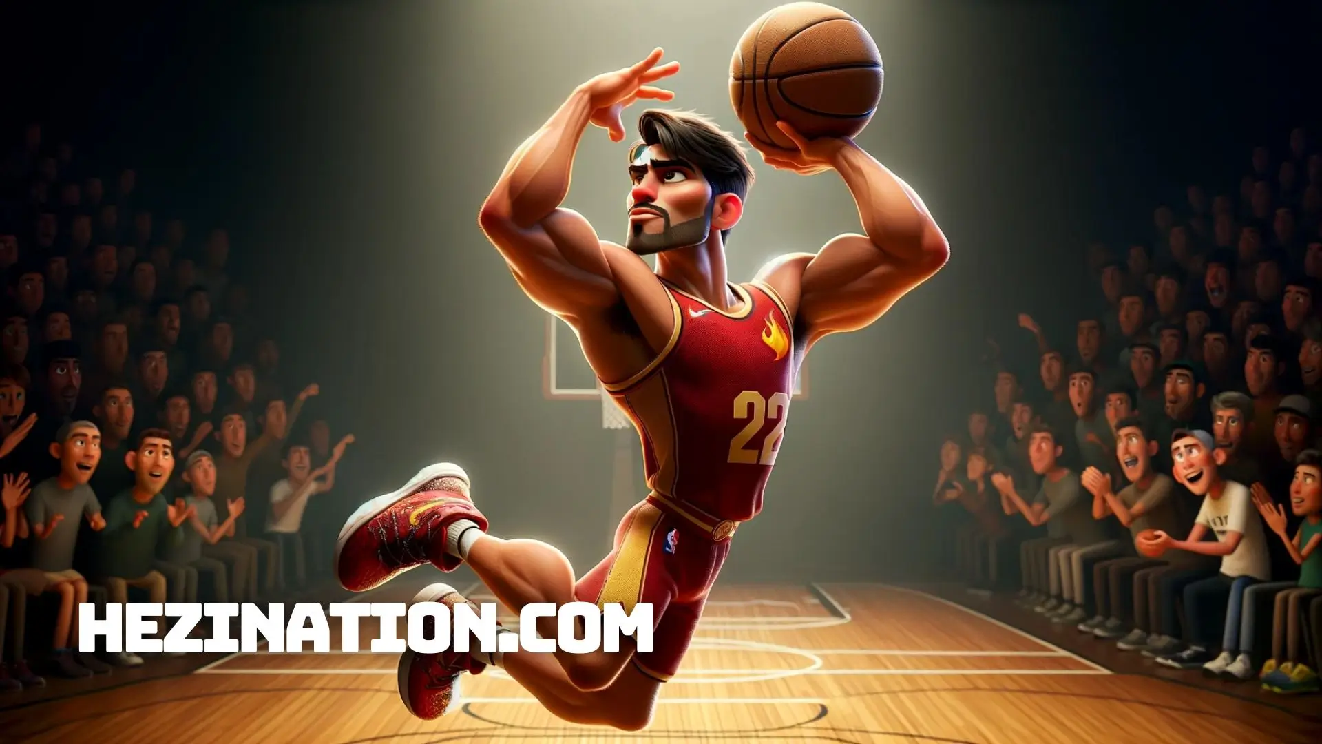 A cartoon image of a man with Hispanic descent and short, dark brown hair, performing a two-handed basketball shot while suspended in the air. His muscular arms are stretched above his head, holding the ball securely as he aims for a shot. He's outfitted in a stylish red and gold basketball jersey, with shorts that have flame motifs on the sides, and his sneakers have a subtle sparkle effect. The expression on his face is one of intense focus and passion. The Pixar-style animation should be evident through the image's lifelike textures, expressive character design, and the vibrant, saturated colors. In the background, an animated crowd is depicted in a state of excited anticipation, with a focus on the player and the hoop ahead.
