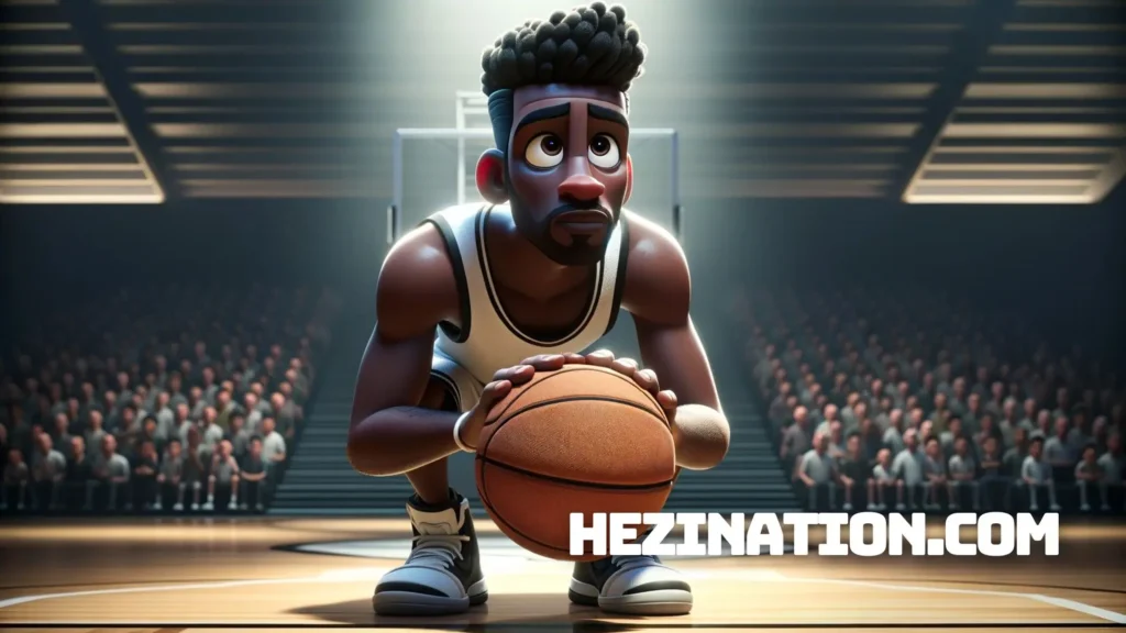 A cartoon image of a man with a deep brown skin tone and tightly coiled hair, focusing intently on performing a jump shot in basketball. He stands at the free-throw line, basketball in hands, elbows bent, with a look of calm concentration on his face. He wears a classic white and black basketball uniform with high-top sneakers. This image should be crafted in the distinctive Pixar animation style, featuring 3D-rendered characters with smooth textures, expressive faces, and a high level of detail. The indoor basketball court is bathed in a soft overhead light, highlighting the player against a background of filled stands with a cheering audience.