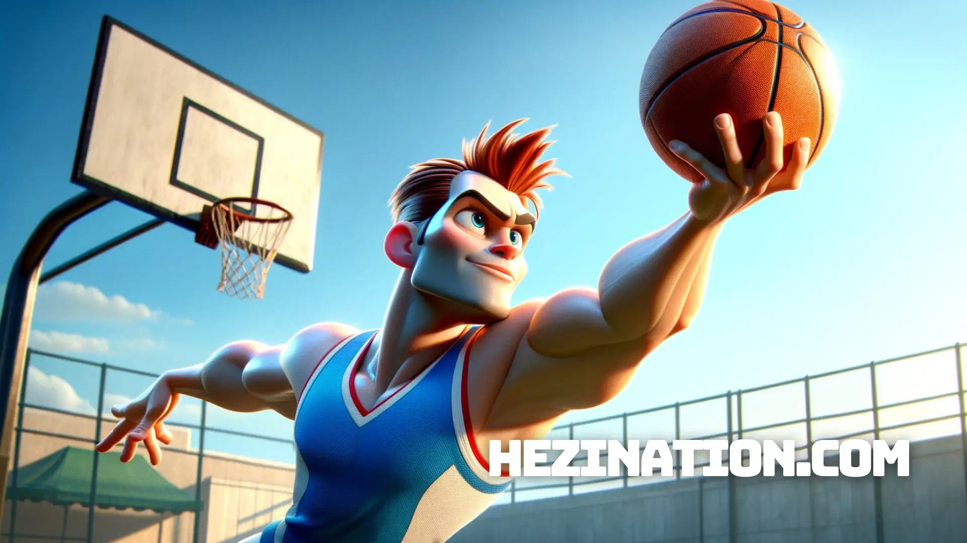 A cartoon image of a man with fair skin and spiky red hair, in the dynamic motion of perfoming a layup a basketball. He is captured mid-leap, with one arm outstretched towards the hoop, and the basketball just leaving his fingertips. He is wearing a vivid blue and white basketball uniform, with his muscles depicted in a stylized, yet realistic Pixar-like manner. His face is determined, eyes focused on the hoop, mouth slightly open in concentration. The background features an outdoor basketball court with a clear, blue sky and the sun casting dramatic shadows on the ground, enhancing the Pixar-style animation's cinematic feel.