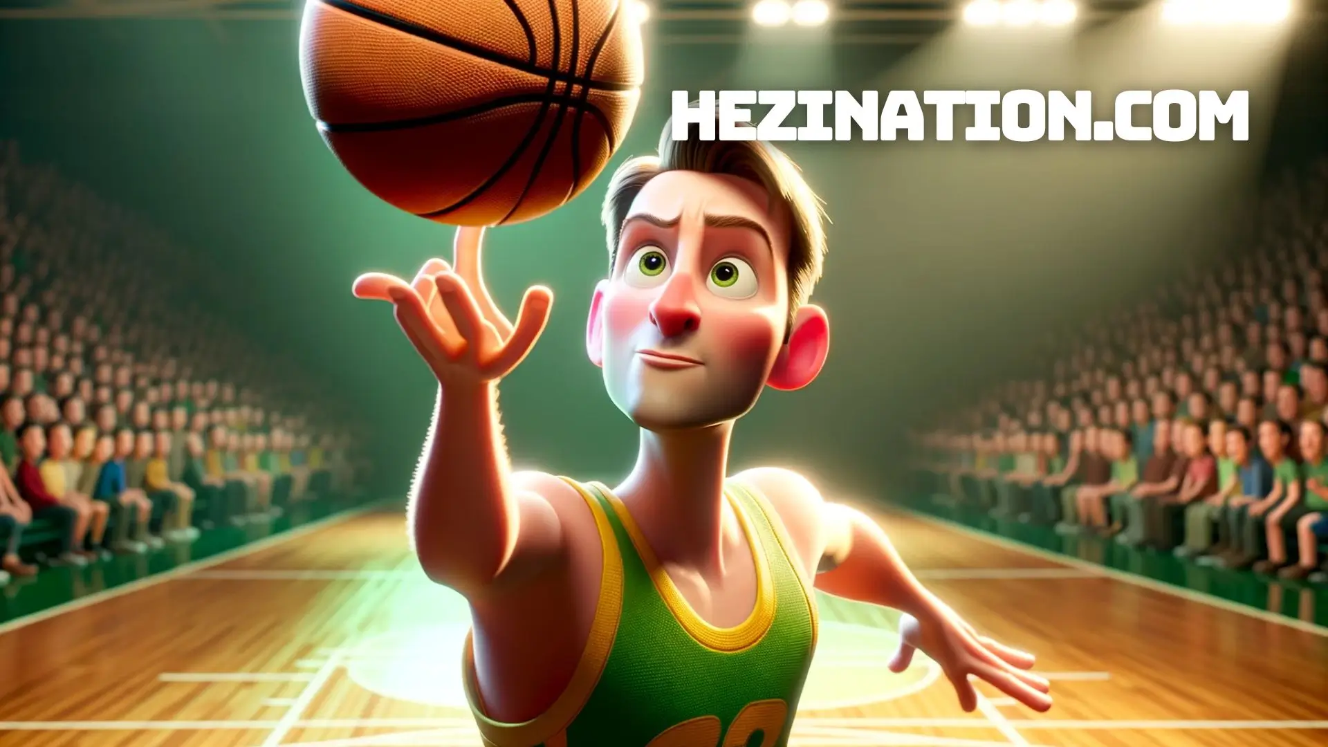 A cartoon image of a man with a light skin tone and short brown hair executing a basketball floater shot. He is wearing a green and yellow basketball uniform, floating in the air with one hand extended, poised to shoot the basketball toward the hoop. His facial expression is one of determination and concentration. The scene is set in a brightly lit indoor basketball gym, with the crowd blurred in the background to focus on the action. The image should reflect Pixar's signature 3D animation style, with a lively and dynamic feel.