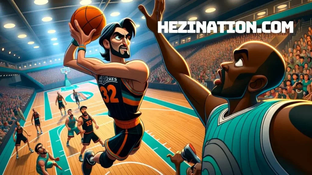 A Pixar-style cartoon image illustrating an intense moment in a basketball game where a man of Middle-Eastern descent, with an athletic build, is executing a Yugo step layup facing the rim. He wears an orange and black basketball uniform and is captured in mid-jump, with the ball poised for the basket. To his side, a defender of Black descent in a contrasting teal and silver uniform is in a defensive stance, trying to block the shot. The indoor basketball court setting features a vibrant crowd in the background, their faces a blur of anticipation and excitement, with the court itself brightly lit and lively.